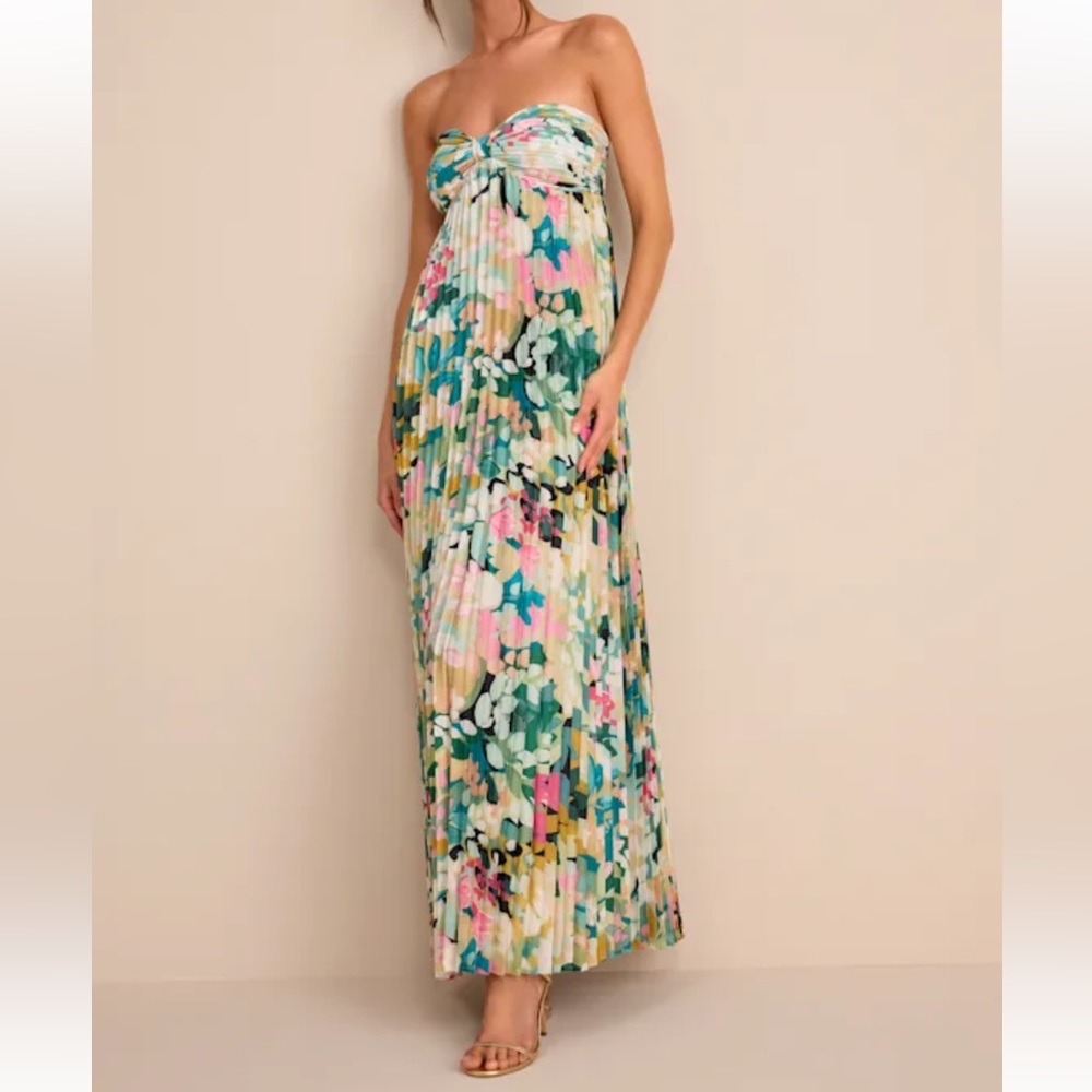 Lulus Whimsical Beauty Multi Floral Satin Plisse Strapless Maxi Dress